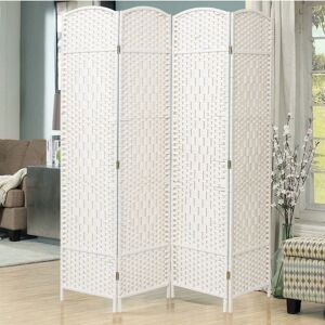 Livingandhome - White Solid Weave Wicker Wood Room Divider, 4 Panel