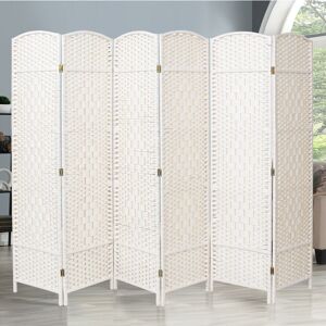 Livingandhome - White Solid Weave Wicker Wood Room Divider, 6 Panel