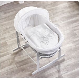 Kinder Valley - White Teddy Wash Day Grey Wicker Moses Basket with Rocking Stand Grey, Quilt, Padded Liner, Body Surround & Adjustable Hood - White