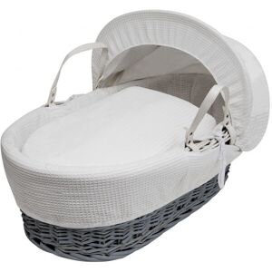 Kinder Valley - White Waffle Grey Wicker Moses Basket With Quilt, Padded Liner, Body Surround and Adjustable Hood & Adjustable Hood