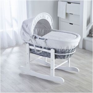 Kinder Valley - White Waffle Grey Wicker Moses Basket with Rocking Stand Deluxe White, Quilt, Padded Liner, Body Surround & Adjustable Hood - White