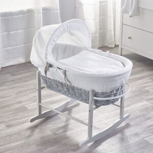 Kinder Valley - White Waffle Grey Wicker Moses Basket with Rocking Stand Grey, Quilt, Padded Liner, Body Surround & Adjustable Hood - White