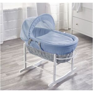 Kinder Valley - Blue Waffle Grey Wicker Moses Basket with Rocking Stand Grey, Quilt, Padded Liner, Body Surround & Adjustable Hood - Blue