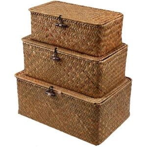 XUIGORT Woven Basket Wicker Basket With Lid Seagrass Laundry Rattan Organizer Box For Bathroom Living Room Kitchen