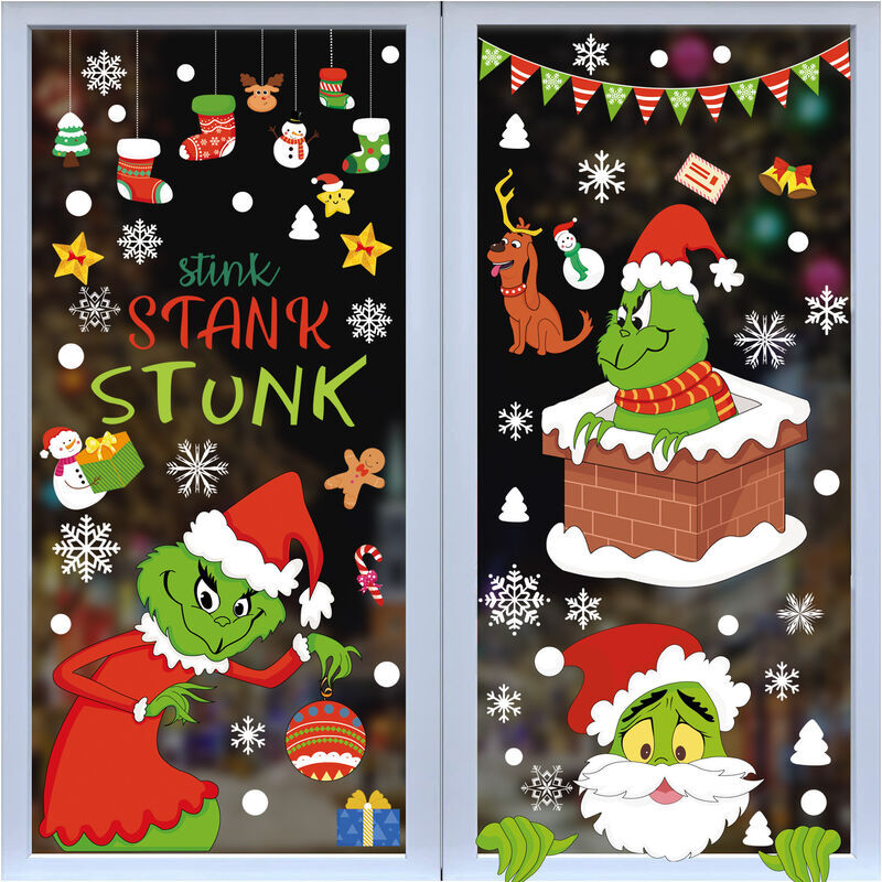 Aougo - Grinch 9 Sheets Christmas Window Stickers for Home, School, Office, Party Supplies