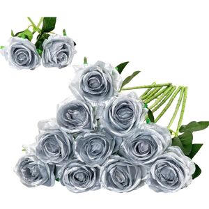 LINGHHANG 12pcs Artificial Silk Roses (Silver) for Home Wedding Party Decoration