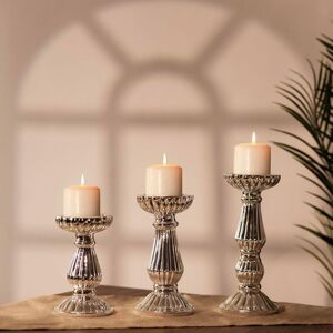 MARCO PAUL 3pc Pillar Candle Holder Set Large Silver Table Centrepiece for Livingroom Fireplace Decorations Dining Room Decorations Mantel Decoration Vintage
