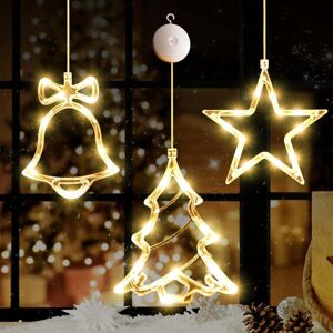 TINOR 3pcs Christmas Window Lights Decorations, Battery Powered Christmas Window Hanging Warm White Lighted Star Shaped Tree Bell led Suction Cup Lamp for