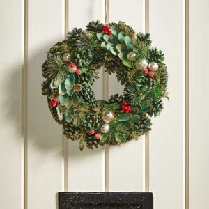 SAMUEL ALEXANDER 50cm Bauble and Pinecone Hanging Christmas Wreath with Red Berries