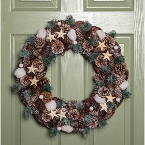 Samuel Alexander - 50cm Frosted Hanging Christmas Wreath with Pine Cones & Wooden Stars