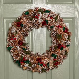 Samuel Alexander - 50cm Hanging Christmas YuleFest Wreath with Red Baubles & Snow Tipped Pine Cones