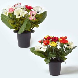 Homescapes - Set of 2 Pink, Orange & Red Anemone Artificial Flowers in Grave Vases