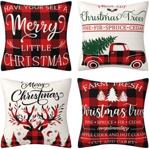 TONCHEAN Pillow,Set of 4 Christmas Throw Pillow Covers 45 x 45cm, Rustic Christmas Decoration for Home, Buffalo Plaid, Tree and Deer, Rustic Truck, for Winter