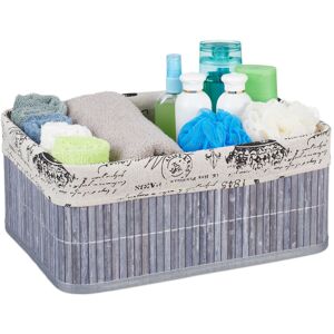 Set of 2 Storage Baskets, Fabric Cover, Retro Pattern, Bamboo, Bathroom Organiser, 16.5x38x28.5 cm, Grey - Relaxdays