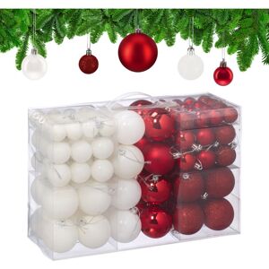 Relaxdays - Christmas Baubles, Set of 100, Tree Ornaments, ∅ 3, 4 & 6 cm, Decorations, Glittery, Matte & Shiny, Red/White