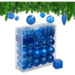 Relaxdays Christmas Baubles, Set of 110, Glittery, Matt & Shiny Ornaments, Plastic Decorations, HxD: 9 x 8 cm, Blue