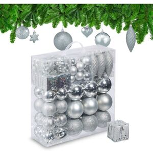 Relaxdays - Christmas Baubles, Set of 110, Glittery, Matt & Shiny Ornaments, Plastic Decorations, HxD: 9 x 8 cm, Silver