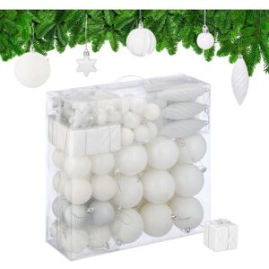 Relaxdays - Christmas Baubles, Set of 110, Glittery, Matt & Shiny Ornaments, Plastic Decorations, HxD: 9 x 8 cm, White