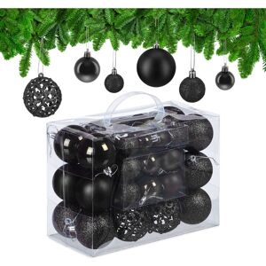 Relaxdays - Christmas Bauble Set of 50, Glittery, Matt & Shiny Ornaments, Plastic Xmas Tree Balls, ø: 3, 4 & 6 cm, Black