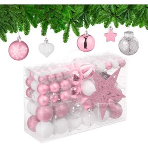 Relaxdays Christmas Ornaments, Set of 101, Glittering, Tree Decorations, Baubles & Stars, Plastic, Traditional, Pink