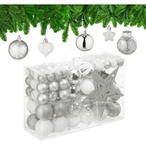 Relaxdays Christmas Ornaments, Set of 101, Glittering, Tree Decorations, Baubles & Stars, Plastic, Traditional, Silver