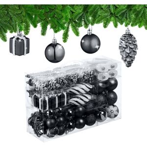 Relaxdays Christmas Ornaments, Set of 72, Glittering, Tree Decorations, Baubles & Cones, Plastic, Hearts & Boots, Black