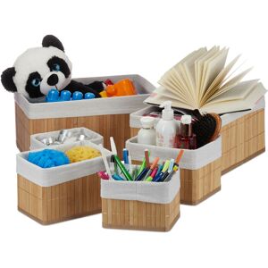 Relaxdays - Set of 6 Bamboo Storage Baskets, Various Sizes, Shelves Organiser, Fabric Cover, Square, Decorative Natural
