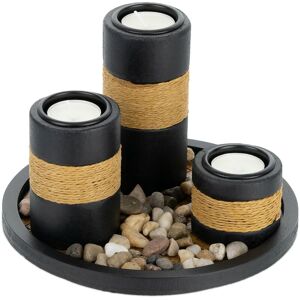 Relaxdays - Tea Light Holder, Set with Tray & Stones, 19.5 cm Long, for Living & Dining Room, Candle Holder, Black/Brown