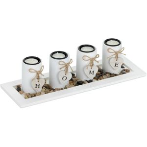 Relaxdays - Tea Light Holder, Set with Tray & Stones, 39.5 cm Long, Decorative, Living & Dining Room, Candle Holder, White