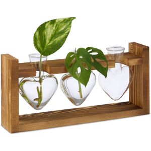 Relaxdays - Plant Propagation Station, Heart Glass Vases with Stand, for Cuttings, Hydroponic, 13x28x6.5 cm, Clear/Brown