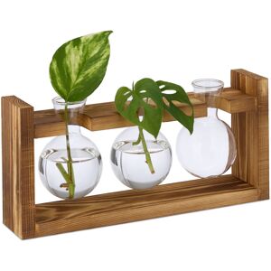 Relaxdays - Plant Propagation Station, Round Glass Vases with Stand, for Cuttings, Hydroponic, 13x28x6.5 cm, Clear/Brown