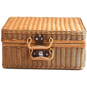 Tlily - Retro Imitation Rattan Picnic Basket Woven Suitcase Hand Photography Props Home Decoration Storage Brown