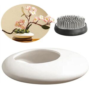 Tlily - Sentimental Ceramic Vase Set,Pebble Shaped Flower Arrangement Bowl with 2Inch Frog Pin Stem Holder White
