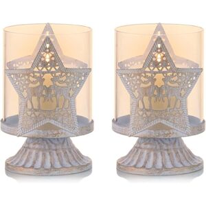 Linghhang - Set of 2 White Metal Candlestick Holders Pillar Candle Holders(Star), Hurricane Distressed Candlestick Holders Favor Pieces for Christmas