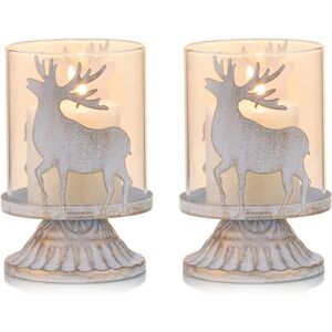 Linghhang - Set of 2 White Metal Candlestick Holders Pillar Candle Holders (Deer), Hurricane Distressed Candlestick Holders Favor Pieces for