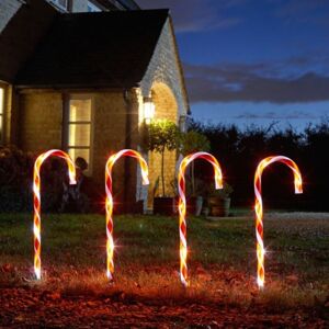 Samuel Alexander - Set of 4 Large Light up Red & White Stripe Christmas Candy Cane Garden Stakes with LEDs