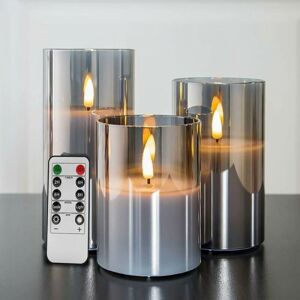 CYSLMUK Silver Grey Glass Flameless Flickering Candles with Remote Control, 3 Pack Realistic LED Fake Candles ∅ 3 H 4 5 6