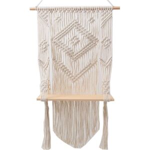 TLILY Tassel Macrame Wall Hanging Shelf Boho Cotton Rope Woven Tapestry Plant Hanger Wood Floating Shelf Wall Decor