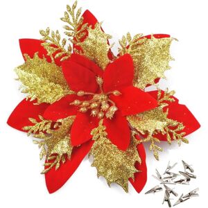 CYSLMUK 10pcs Glitter Christmas Flowers (14cm) with 10pcs Artificial Poinsettia for Christmas Tree,Red CYSLMUK 10pcs Glitter Christmas Flowers (14cm) with 10pcs Artificial Poinsettia for Christmas Tree,Red