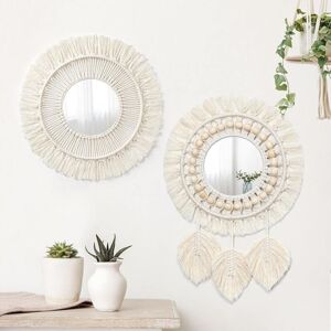 Longziming - 2 Pieces Macrame Wall Hanging Decorative Mirror with Woven Leaves Boho Fringe Round Mirror for Bedroom Living Room Nursery Home Decor Longziming - 2 Pieces Macrame Wall Hanging Decorative Mirror with Woven Leaves Boho Fringe Round Mirror for Bedroom Living Room Nursery Home Decor