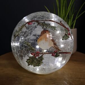 SAMUEL ALEXANDER 20cm Festive Christmas Crackle Effect Glass Robin LED Light Ball SAMUEL ALEXANDER 20cm Festive Christmas Crackle Effect Glass Robin LED Light Ball