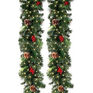 CYSLMUK 270cm Green Lighted Artificial Christmas Tree Garland with 50 LEDs, 230 Heads, Red Fruit Pine Cones, Christmas Tree Garland for Decorating Fireplace CYSLMUK 270cm Green Lighted Artificial Christmas Tree Garland with 50 LEDs, 230 Heads, Red Fruit Pine Cones, Christmas Tree Garland for Decorating Fireplace
