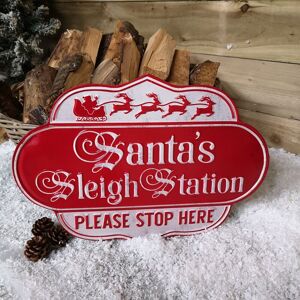 SAMUEL ALEXANDER 51cm Red and White Metal Christmas Santa Sleigh Station Sign SAMUEL ALEXANDER 51cm Red and White Metal Christmas Santa Sleigh Station Sign
