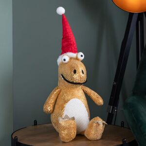 SAMUEL ALEXANDER 60cm Tall Gold Plush Zilla Dino Sitting Christmas Decoration with Santa Hat SAMUEL ALEXANDER 60cm Tall Gold Plush Zilla Dino Sitting Christmas Decoration with Santa Hat