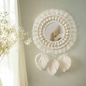 Longziming - Boho Macrame Fringe Wall Mirror with Wooden Bead Feather Pendant Round Wall Art Mirror for Bedroom Hallway Living Room Home Decor (Beige) Longziming - Boho Macrame Fringe Wall Mirror with Wooden Bead Feather Pendant Round Wall Art Mirror for Bedroom Hallway Living Room Home Decor (Beige)