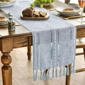 MCBOSON Boho Table Runner - Farmhouse Style - Dusty Blue - Table Decoration - For Party, Birthday, Valentine's Day, 33 x 143 cm MCBOSON Boho Table Runner - Farmhouse Style - Dusty Blue - Table Decoration - For Party, Birthday, Valentine's Day, 33 x 143 cm