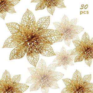 LITZEE Christmas Flowers, 30 Glitter Christmas Flowers, Hollow Glitter Christmas Flower Poinsettia Christmas Tree Artificial Flowers Decor Ornament LITZEE Christmas Flowers, 30 Glitter Christmas Flowers, Hollow Glitter Christmas Flower Poinsettia Christmas Tree Artificial Flowers Decor Ornament