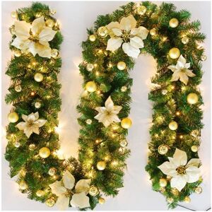 Tonchean - Christmas Garland, Artificial Christmas Tree Garland, 270 Cm Christmas Wreaths and Garlands with Led Golden Flower and Golden Ball, Tonchean - Christmas Garland, Artificial Christmas Tree Garland, 270 Cm Christmas Wreaths and Garlands with Led Golden Flower and Golden Ball,