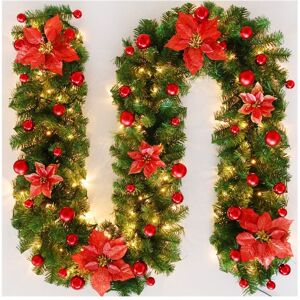 Tonchean - Christmas Garland, Artificial Christmas Tree Garland, 270 Cm Christmas Wreaths and Garlands with Led Red Flower and Red Ball, Decoration Tonchean - Christmas Garland, Artificial Christmas Tree Garland, 270 Cm Christmas Wreaths and Garlands with Led Red Flower and Red Ball, Decoration