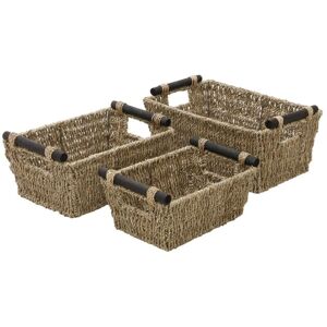 JVL - Hand Woven Seagrass Set of 3, Tapered Storage Baskets with Wooden Handles JVL - Hand Woven Seagrass Set of 3, Tapered Storage Baskets with Wooden Handles